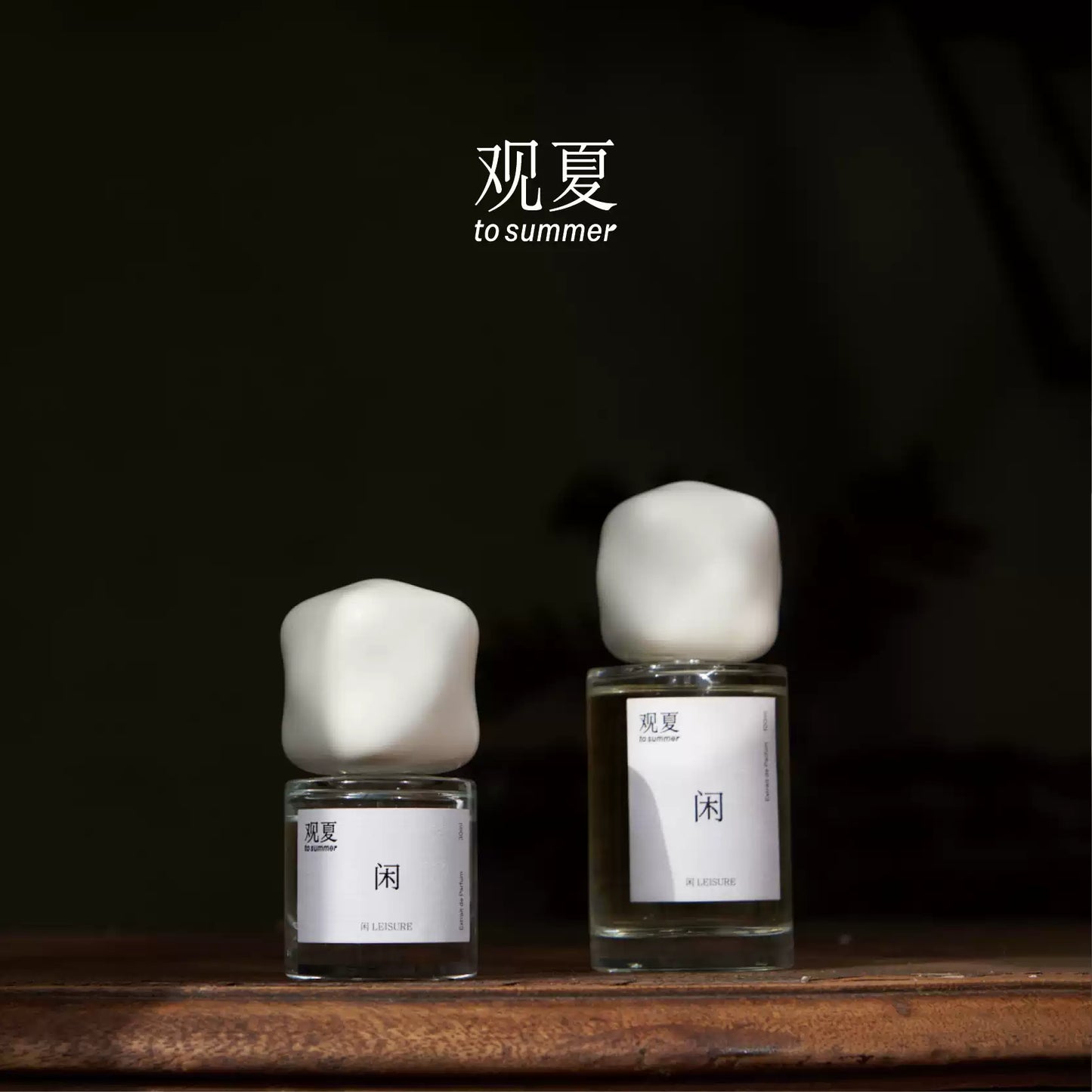 Two sizes of To Summer LEISURE perfume displayed on a dark wood shelf, highlighting the natural woody fragrance notes.